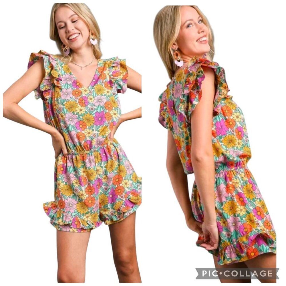 Umgee Small Floral Print Double Layered Ruffle Sleeve Romper with Elastic Waist